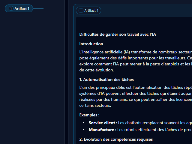 Capture d’écran de Repero AI montrant un artefact ouvert à côté de la liste des artefacts dans la conversation.