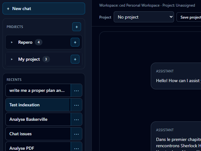 Capture d’écran de Repero AI montrant les projets et la liste des conversations récentes dans la navigation latérale.