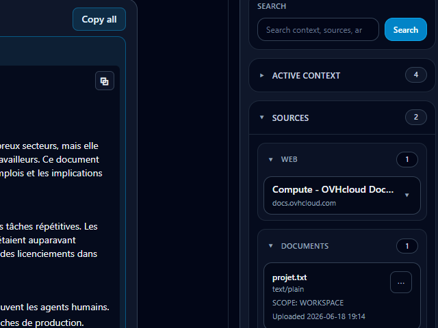 Capture d’écran de Repero AI montrant la recherche de contexte avec les sections contexte actif et sources visibles.
