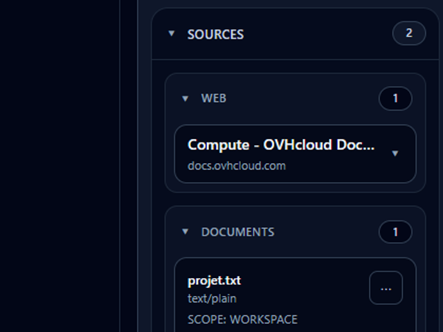 Capture d’écran de Repero AI montrant les sources web et les documents dans le même panneau sources.